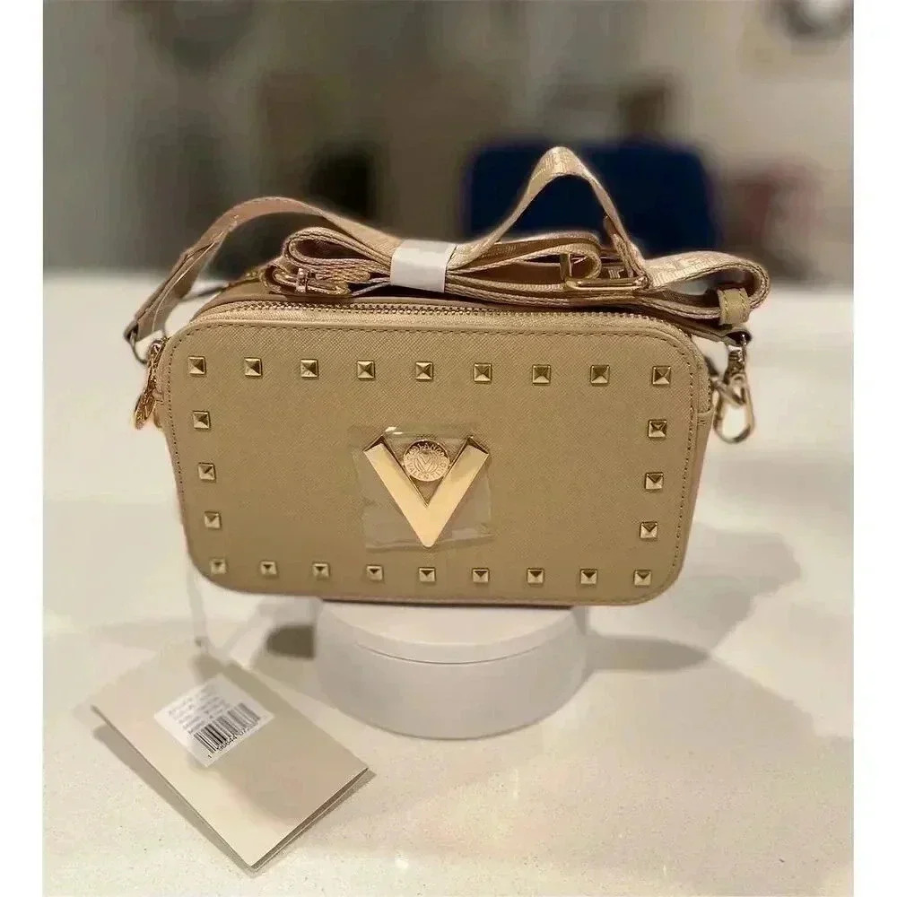 Valentino Orlandi Taupe Studded Double Zip Crossbody Camera Bag